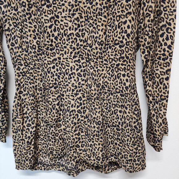 Vintage Leopard Tie Front Peplum Top Size M/L Pleated Button Closure Long Sleeve - Picture 8 of 14